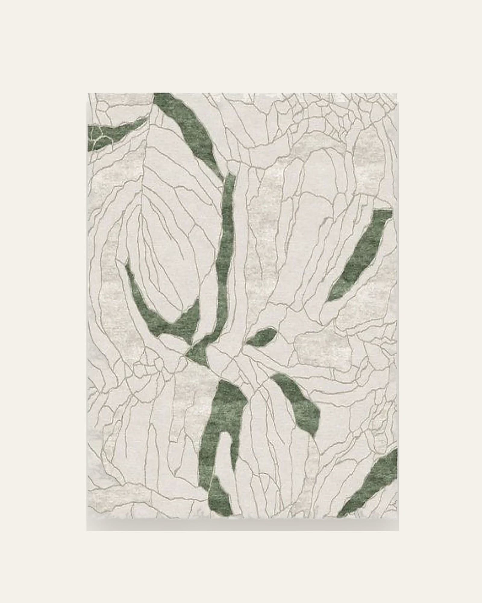 Folia Verde rug, full view: fern-green leaf forms and fine grey vein lines on an ivory field